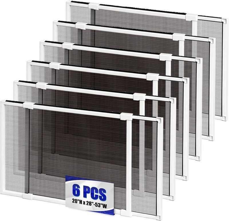 TooCust 6 Pack Expandable Window Screen, 2 Way Adjustable Sliding Window Screen, Horizontal (20" H x 28" - 53" W), Horizontal and Vertical Adjustable, Replacement Screen for Window, Window Screens Mesh - Image 1